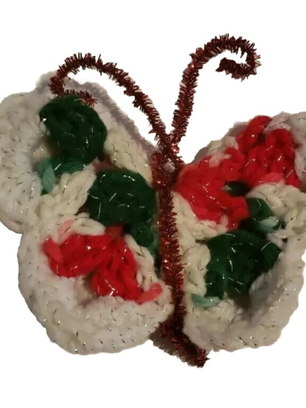 Handmade Christmas Butterfly Magnet Ornament White Red Green Vintage Crocheted